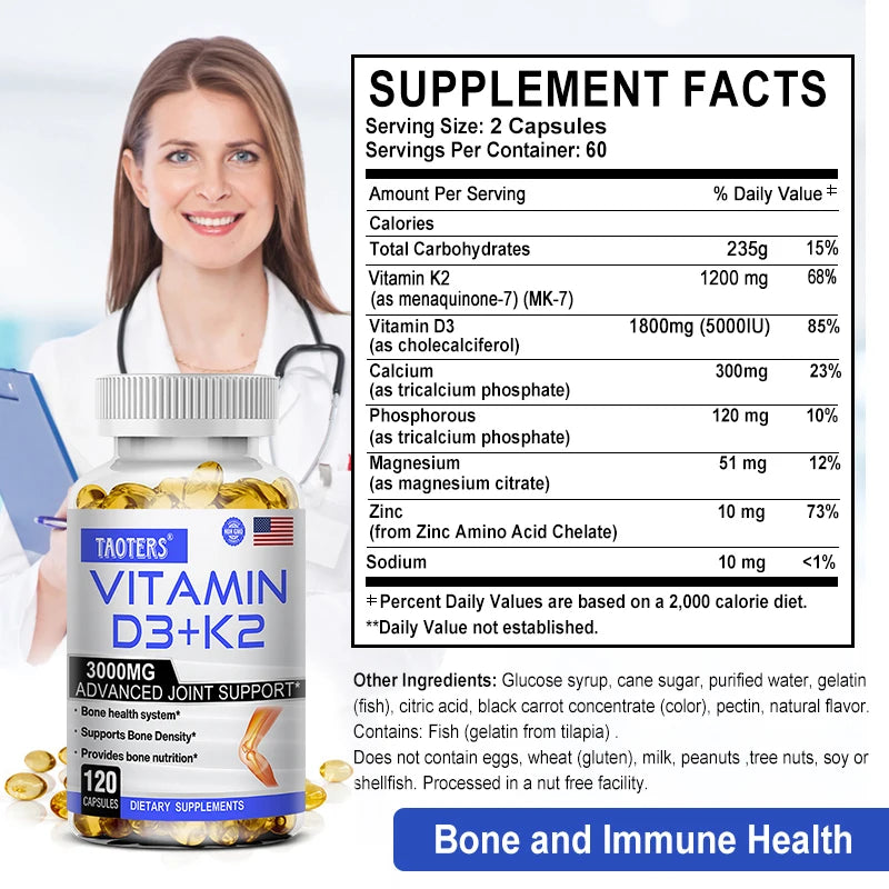 Vitamin D3+K2 supplement supports joint, bone and immune health, promotes calcium absorption and cardiovascular health.