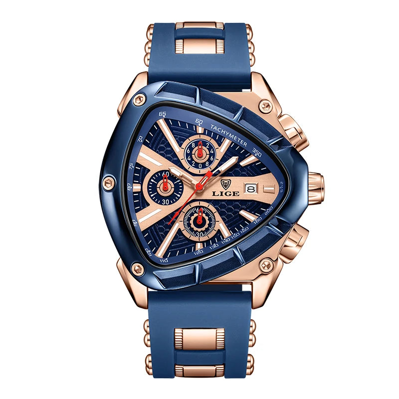 LIGE New Mens Watches Creavtive Triangle Quartz Wristwatch Luminous Pointers Military Rubber Strap Watch Men Waterproof Clock