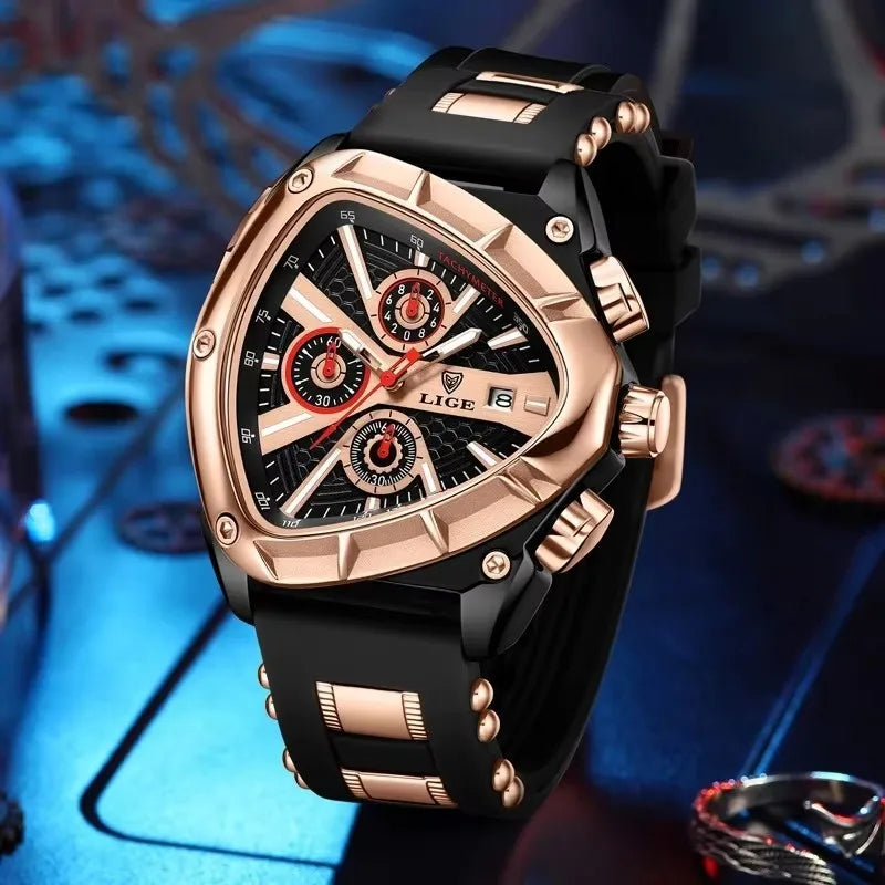 LIGE New Mens Watches Creavtive Triangle Quartz Wristwatch Luminous Pointers Military Rubber Strap Watch Men Waterproof Clock