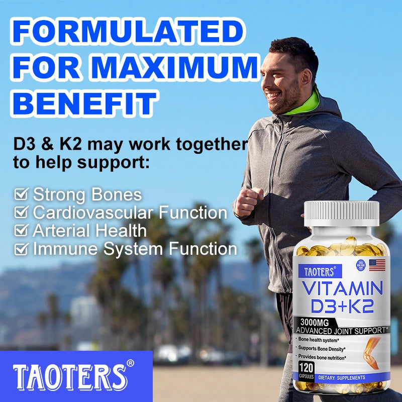Vitamin D3+K2 supplement supports joint, bone and immune health, promotes calcium absorption and cardiovascular health.