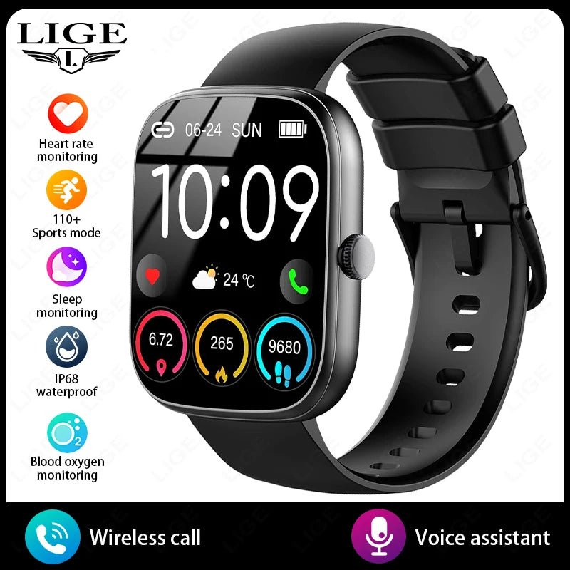 LIGE Smart Watch 1.96" Smartwatch Men Answer/Make Call IP68 Waterproof Fitness Tracker Sport Heart Rate Sleep Monitor Smartwatch