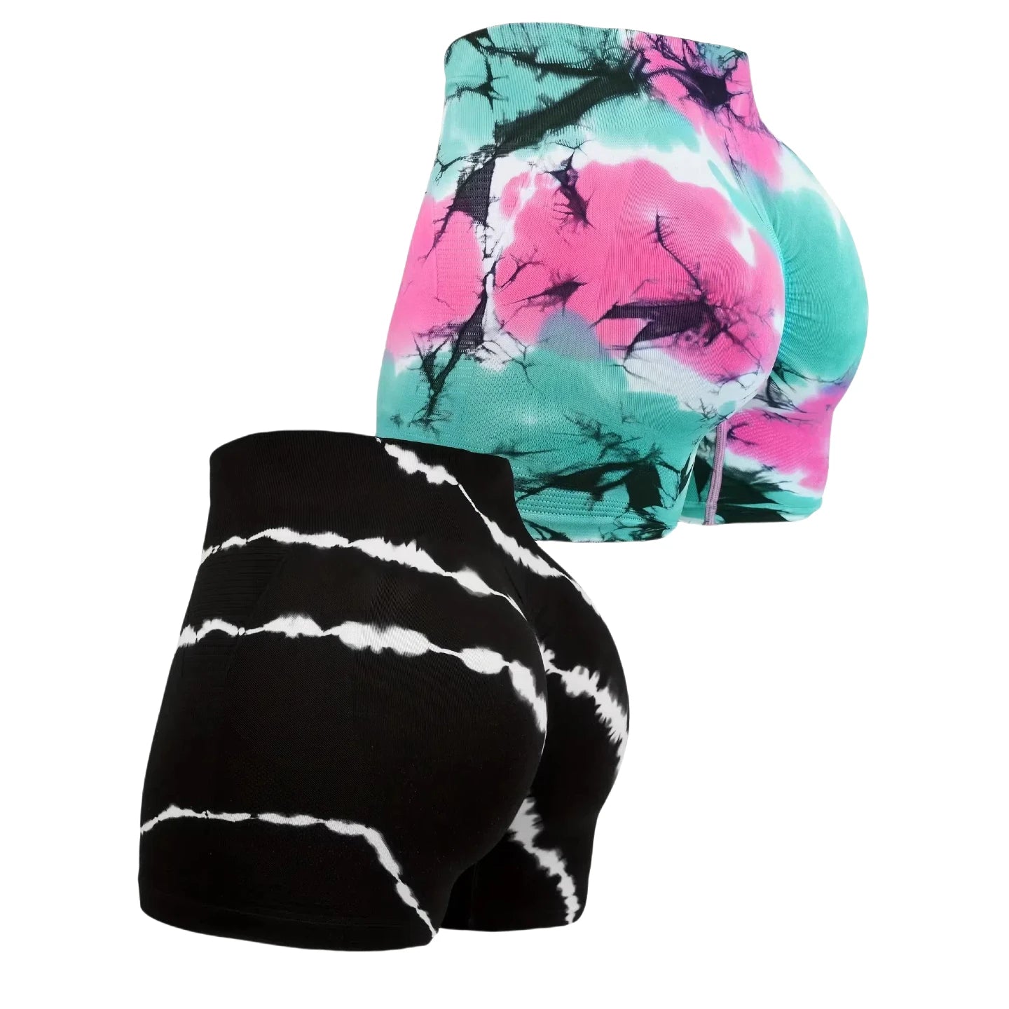 2pcs Women's High-Waisted Tummy Control Biker Shorts - Seamless, Slimming Athletic Gym & Yoga Pants in Vibrant Tie-Dye