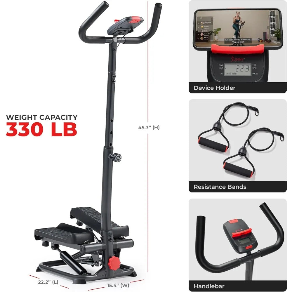 Sunny Health & Fitness Dual-Purpose Smart Stepper with Handlebar and Resistance Bands for Home Total Body Workouts