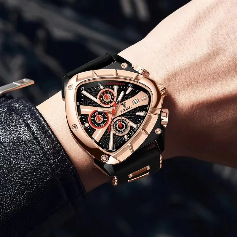 LIGE New Mens Watches Creavtive Triangle Quartz Wristwatch Luminous Pointers Military Rubber Strap Watch Men Waterproof Clock