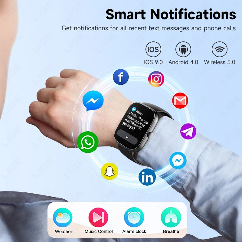 LIGE Smart Watch 1.96" Smartwatch Men Answer/Make Call IP68 Waterproof Fitness Tracker Sport Heart Rate Sleep Monitor Smartwatch