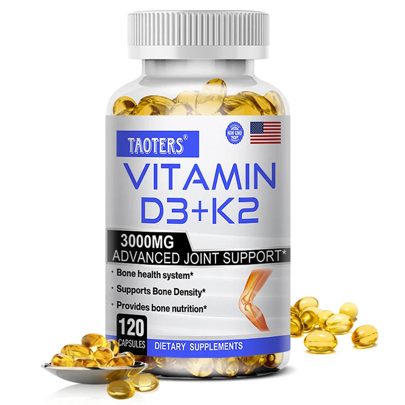 Vitamin D3+K2 supplement supports joint, bone and immune health, promotes calcium absorption and cardiovascular health.