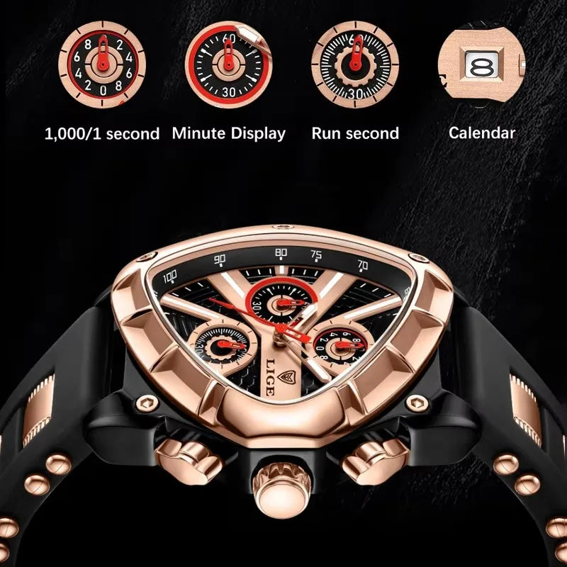 LIGE New Mens Watches Creavtive Triangle Quartz Wristwatch Luminous Pointers Military Rubber Strap Watch Men Waterproof Clock