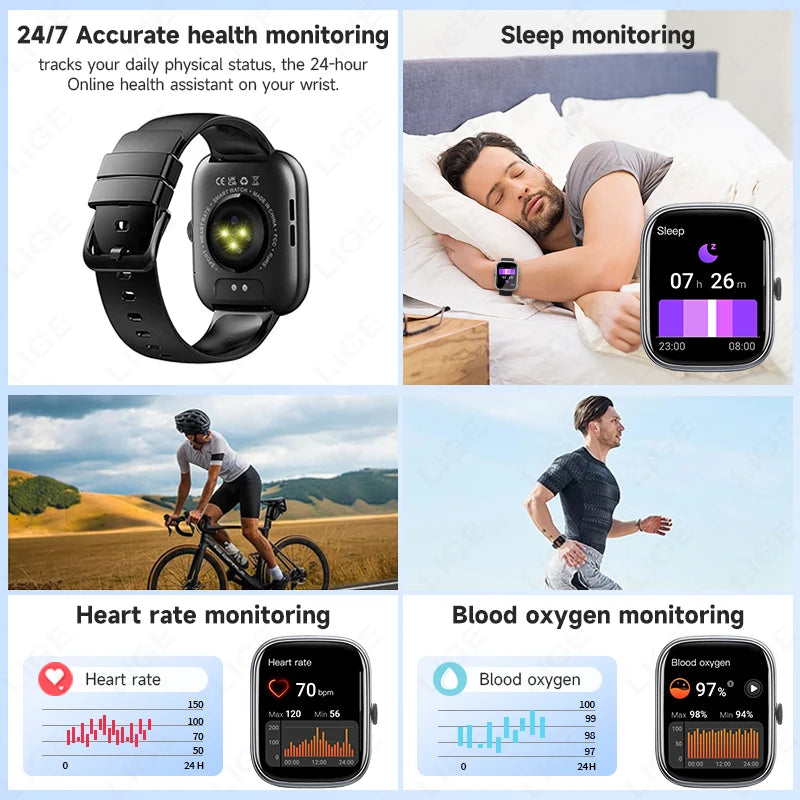 LIGE Smart Watch 1.96" Smartwatch Men Answer/Make Call IP68 Waterproof Fitness Tracker Sport Heart Rate Sleep Monitor Smartwatch