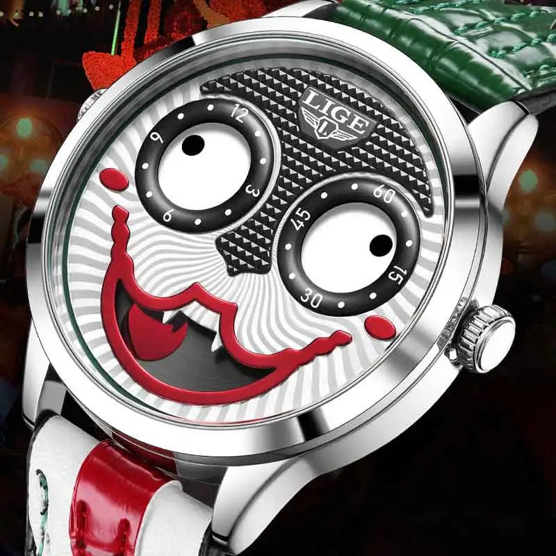 LIGE 2025 Creative Watches For Men Clown Fashion Quartz Wristwatches Waterproof Leather Strap Mens Watch Cool Joker Reloj Hombre