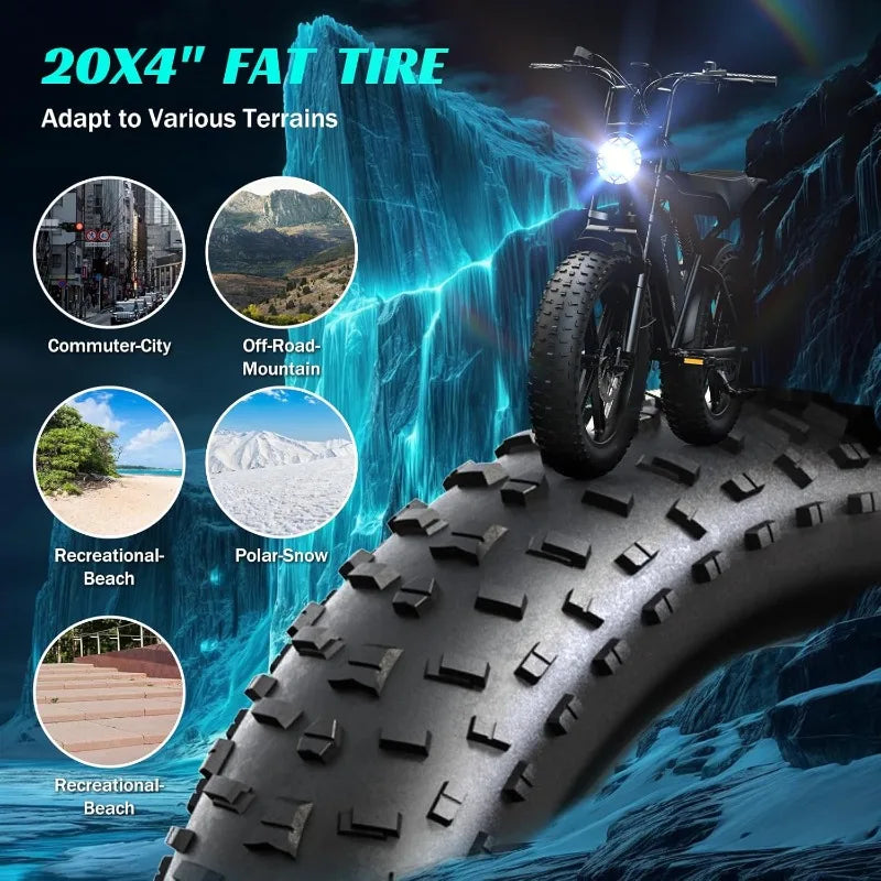Electric Bike for Adults 1500W Peak 20" Fat Tire All-Terrain E-Bike 60/110 Miles 28MPH Electric Dirt Bike for Road Sand Moun