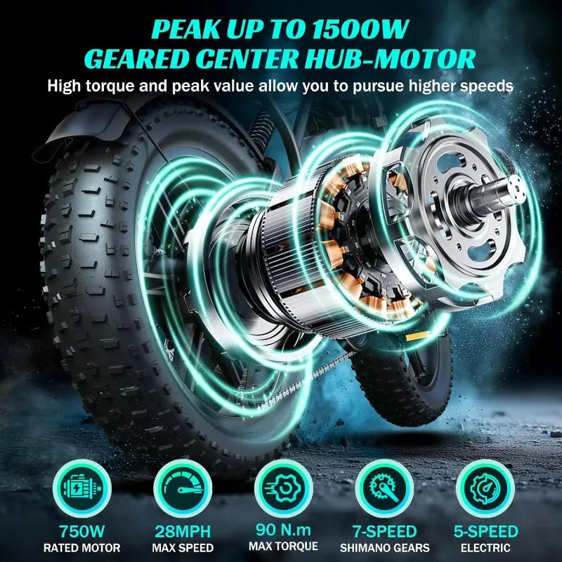 Electric Bike for Adults 1500W Peak 20" Fat Tire All-Terrain E-Bike 60/110 Miles 28MPH Electric Dirt Bike for Road Sand Moun