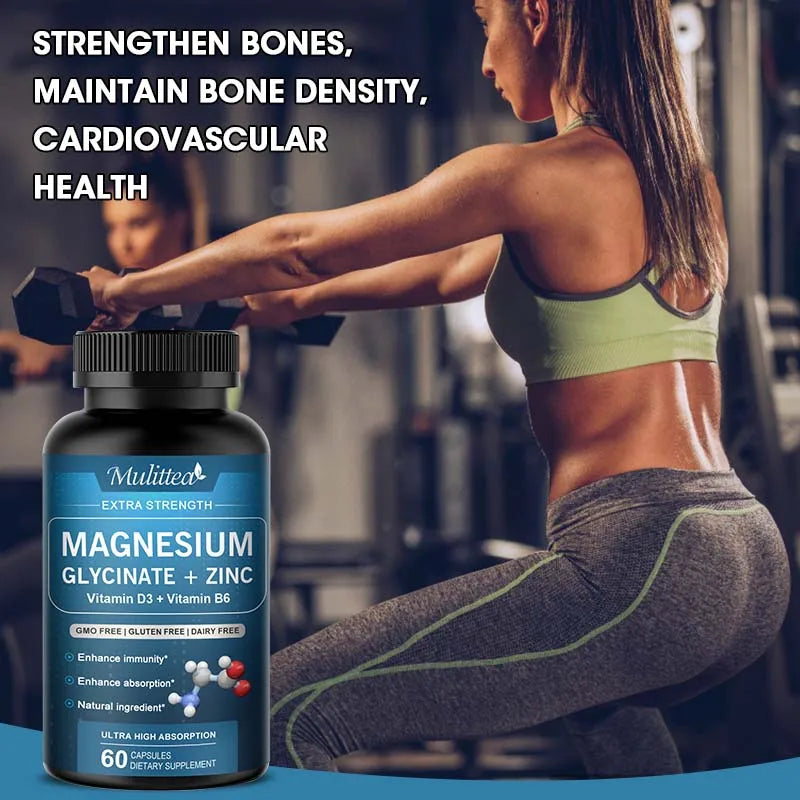 Mulittea Glycine Magnesium capsule with Zinc,Vitamin D3 B6 Health for Bones and Teeth Health Helps Natural Sleep Relieve Anxiety
