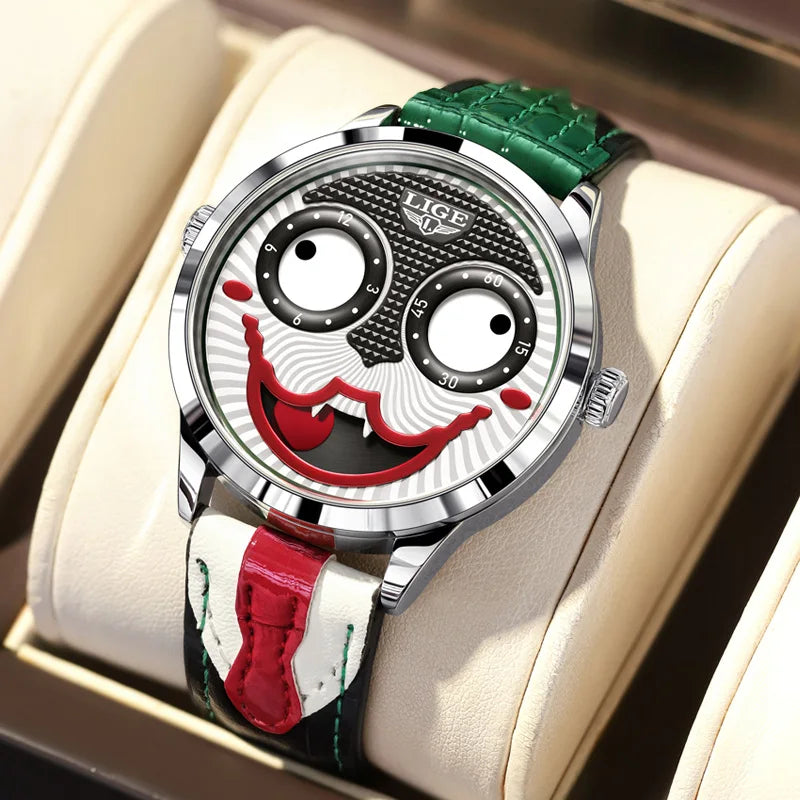 LIGE 2025 Creative Watches For Men Clown Fashion Quartz Wristwatches Waterproof Leather Strap Mens Watch Cool Joker Reloj Hombre