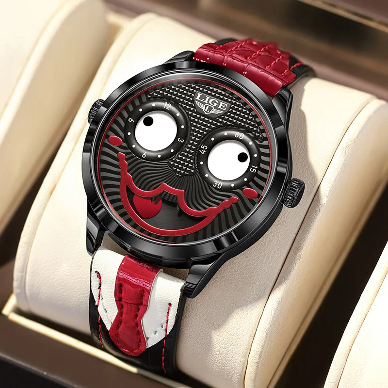 LIGE 2025 Creative Watches For Men Clown Fashion Quartz Wristwatches Waterproof Leather Strap Mens Watch Cool Joker Reloj Hombre