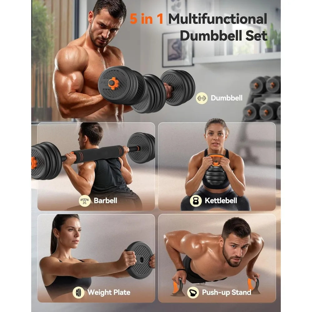 Adjustable Dumbbell Set 5 in 1 for Barbells and Kettlebells