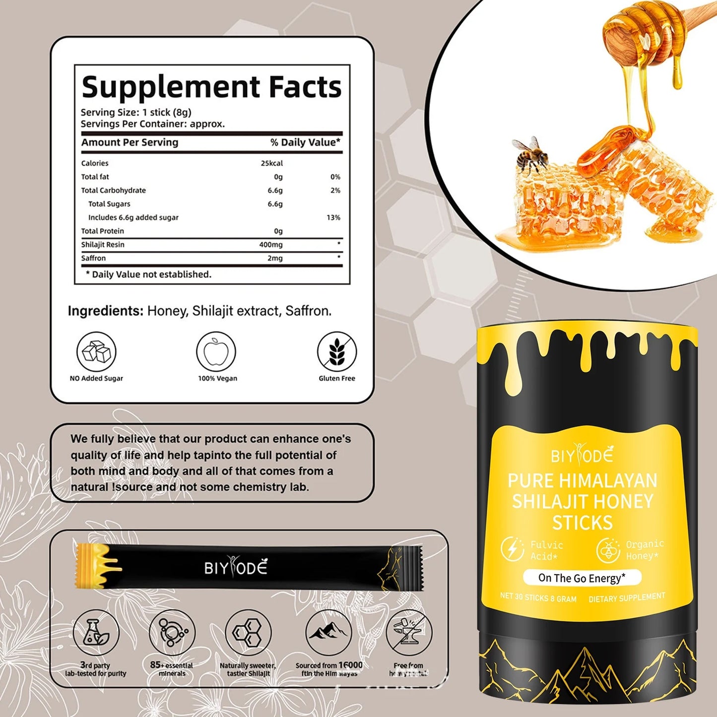 【BIYODE】Shilajit Honey Sticks Antioxidant Immunity Booster for Physical Mental Health Enhancement