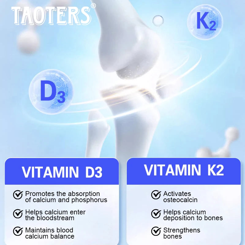 Vitamin D3+K2 supplement supports joint, bone and immune health, promotes calcium absorption and cardiovascular health.