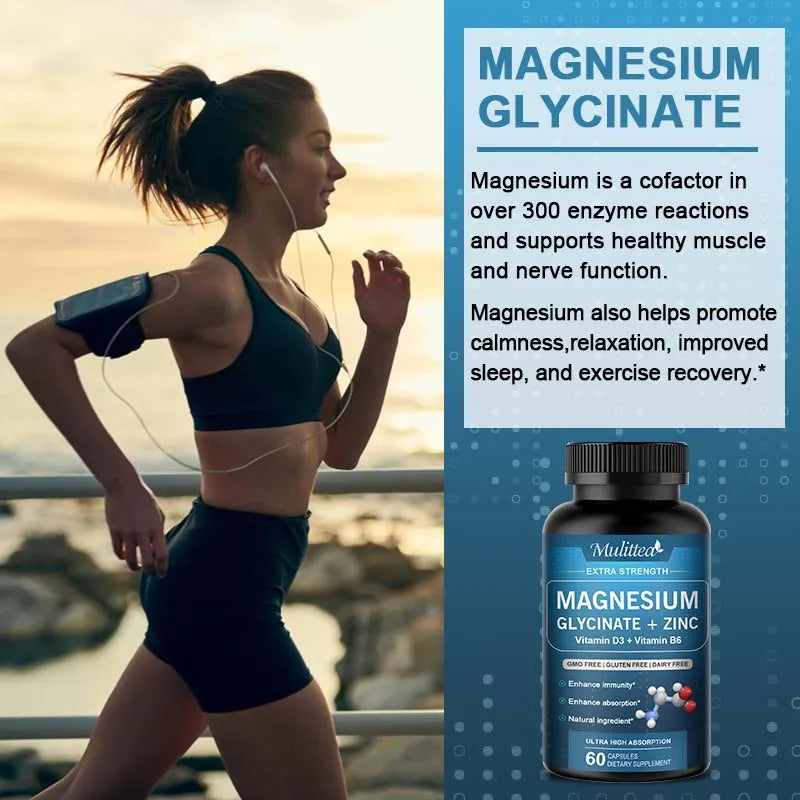Mulittea Glycine Magnesium capsule with Zinc,Vitamin D3 B6 Health for Bones and Teeth Health Helps Natural Sleep Relieve Anxiety