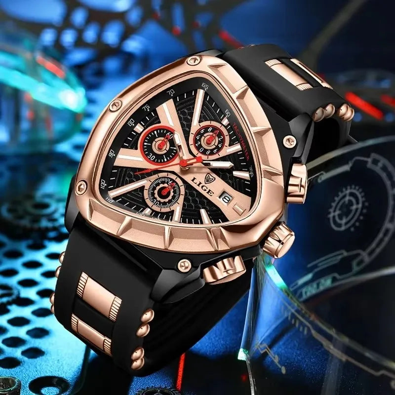LIGE New Mens Watches Creavtive Triangle Quartz Wristwatch Luminous Pointers Military Rubber Strap Watch Men Waterproof Clock