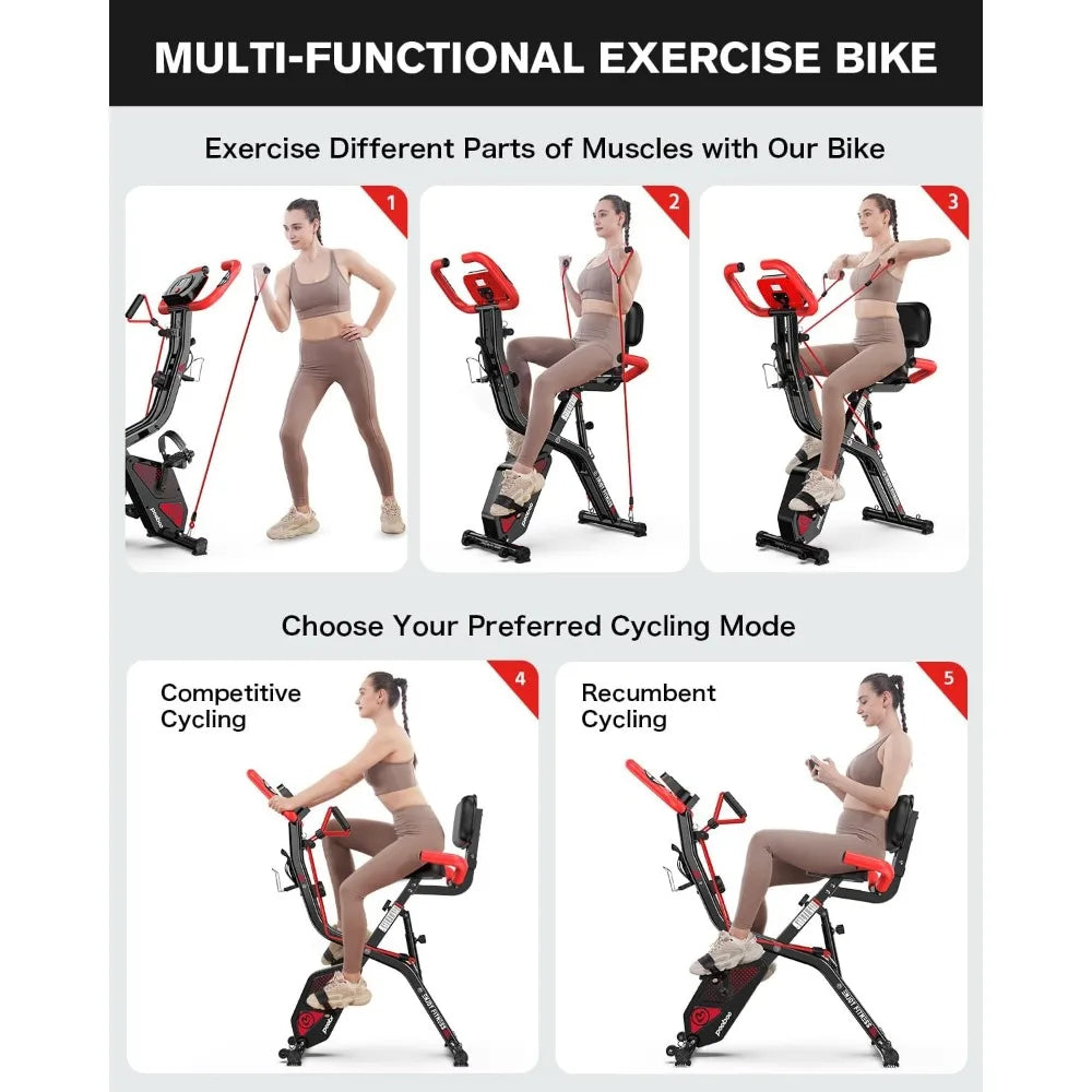 Folding Exercise Bike, Foldable Fitness Stationary Bike Machine, Upright Indoor Cycling Bike, Magnetic X-Bike with 8-Level Adju