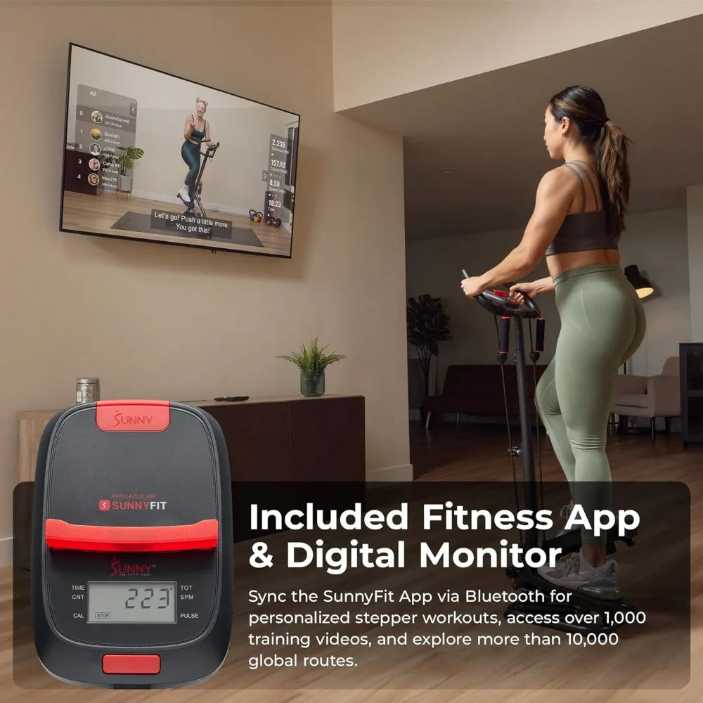 Sunny Health & Fitness Dual-Purpose Smart Stepper with Handlebar and Resistance Bands for Home Total Body Workouts