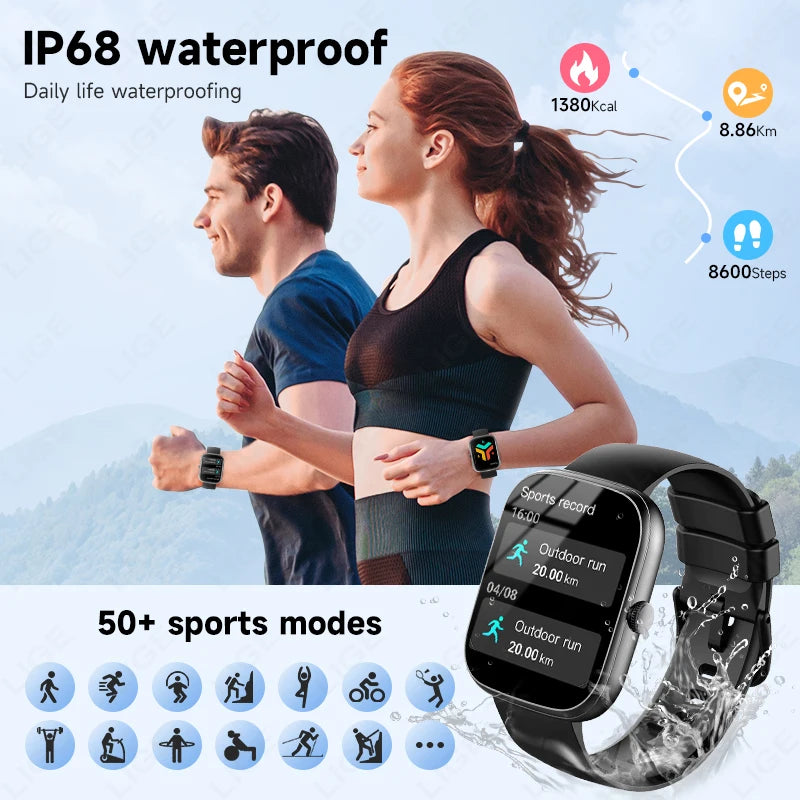LIGE Smart Watch 1.96" Smartwatch Men Answer/Make Call IP68 Waterproof Fitness Tracker Sport Heart Rate Sleep Monitor Smartwatch
