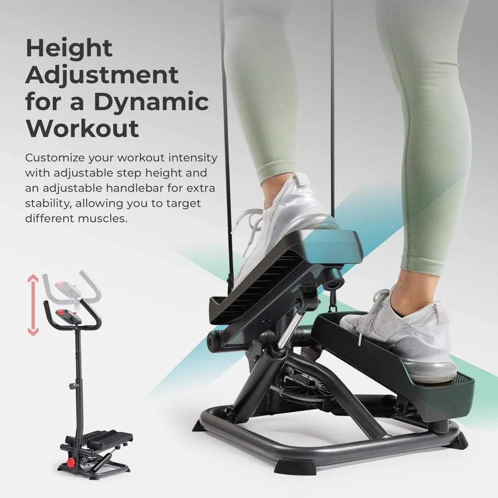 Sunny Health & Fitness Dual-Purpose Smart Stepper with Handlebar and Resistance Bands for Home Total Body Workouts