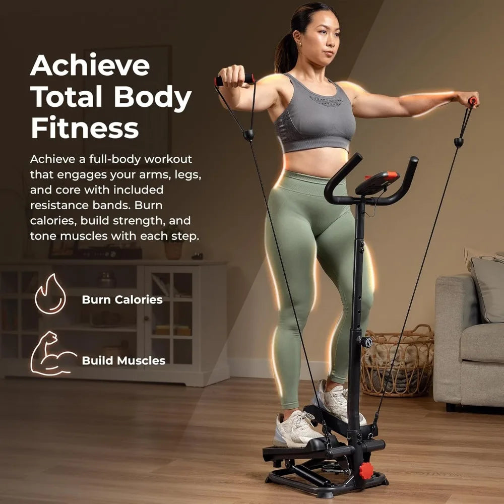 Sunny Health & Fitness Dual-Purpose Smart Stepper with Handlebar and Resistance Bands for Home Total Body Workouts