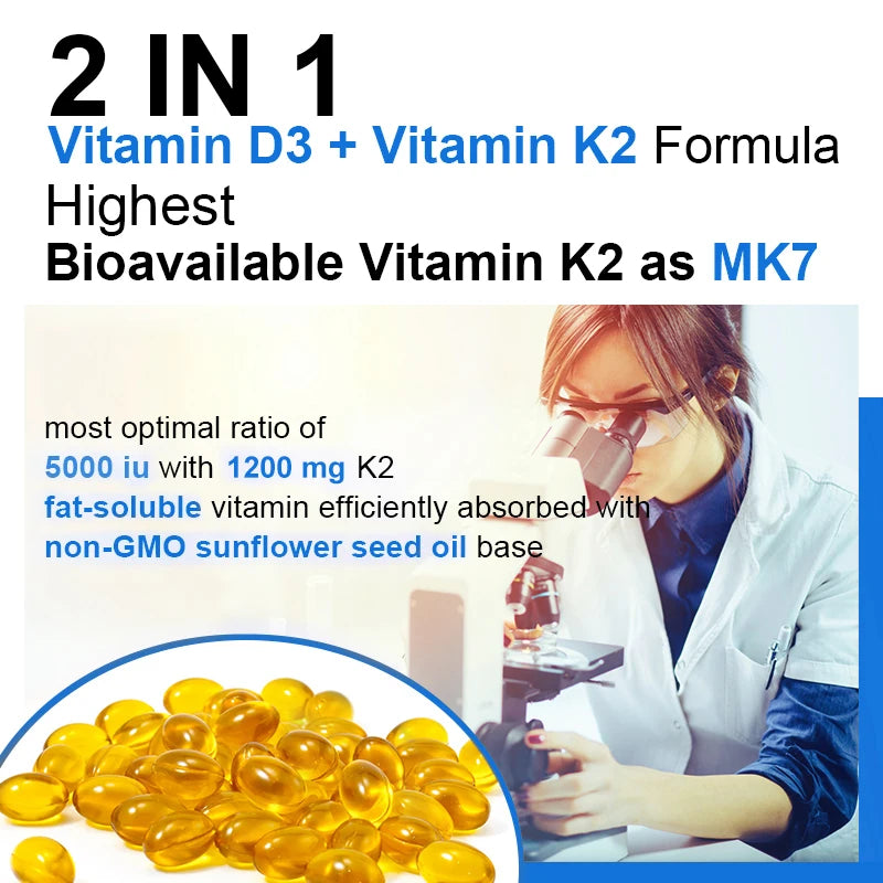 Vitamin D3+K2 supplement supports joint, bone and immune health, promotes calcium absorption and cardiovascular health.
