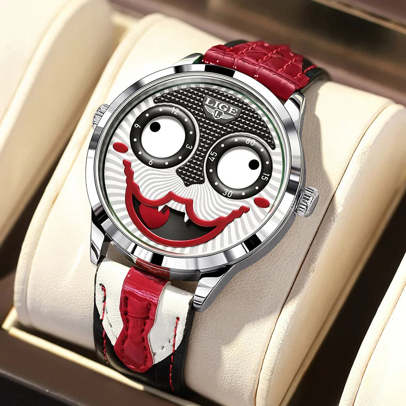 LIGE 2025 Creative Watches For Men Clown Fashion Quartz Wristwatches Waterproof Leather Strap Mens Watch Cool Joker Reloj Hombre