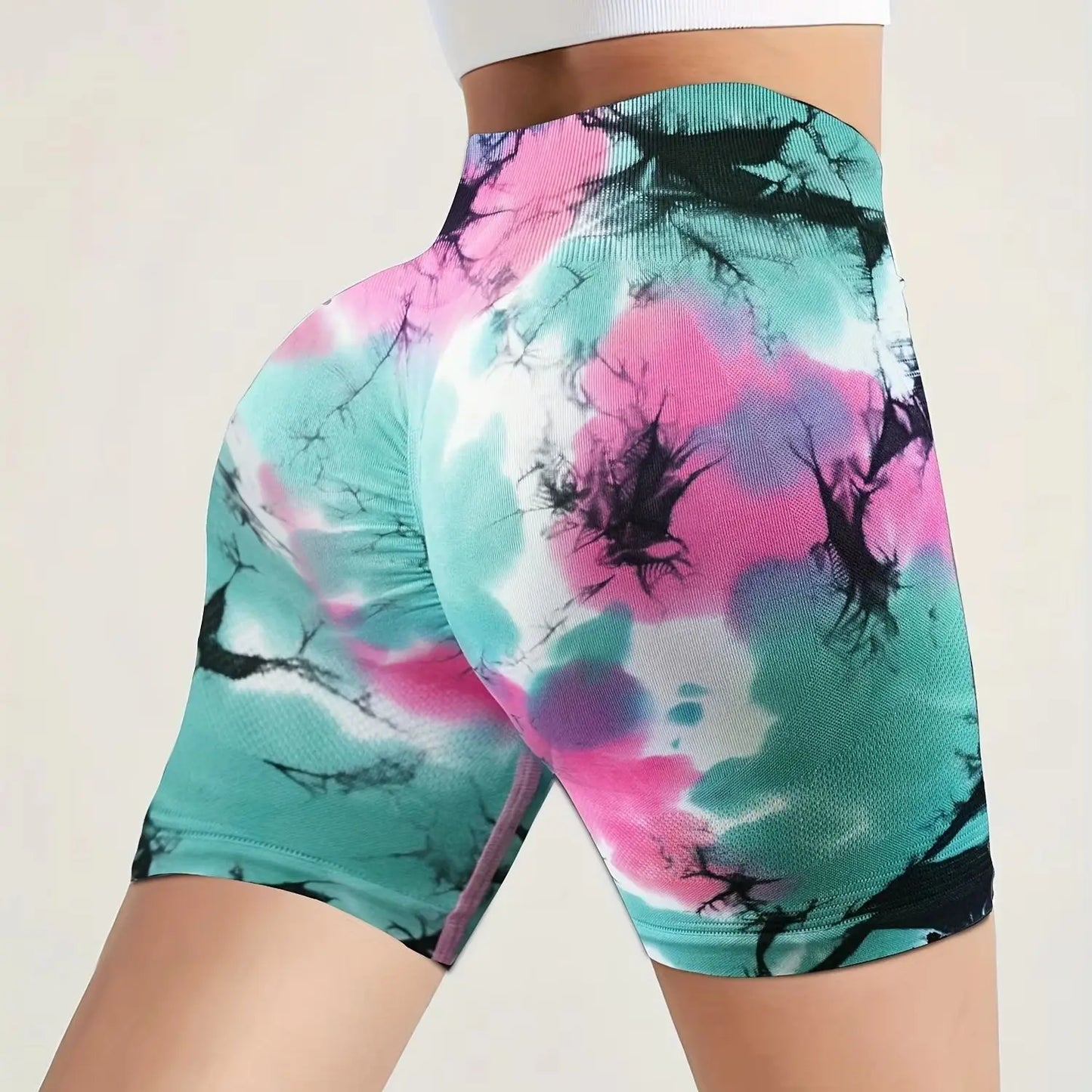 2pcs Women's High-Waisted Tummy Control Biker Shorts - Seamless, Slimming Athletic Gym & Yoga Pants in Vibrant Tie-Dye