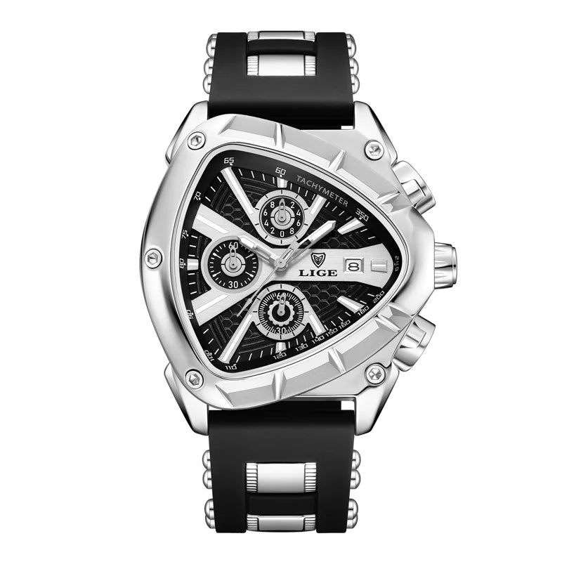 LIGE New Mens Watches Creavtive Triangle Quartz Wristwatch Luminous Pointers Military Rubber Strap Watch Men Waterproof Clock