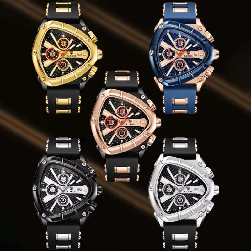 LIGE New Mens Watches Creavtive Triangle Quartz Wristwatch Luminous Pointers Military Rubber Strap Watch Men Waterproof Clock