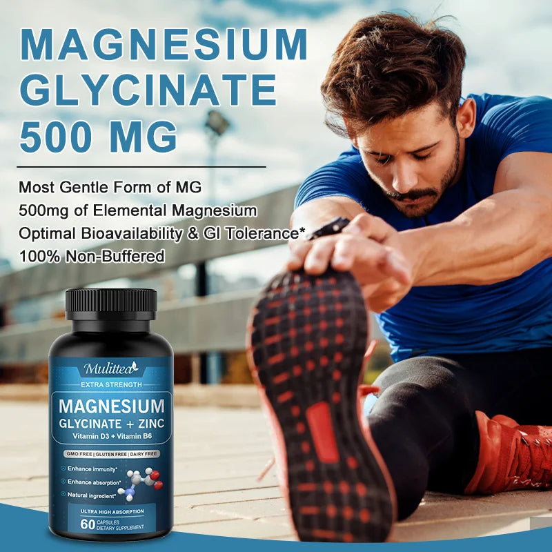 Mulittea Glycine Magnesium capsule with Zinc,Vitamin D3 B6 Health for Bones and Teeth Health Helps Natural Sleep Relieve Anxiety