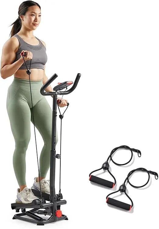 Sunny Health & Fitness Dual-Purpose Smart Stepper with Handlebar and Resistance Bands for Home Total Body Workouts