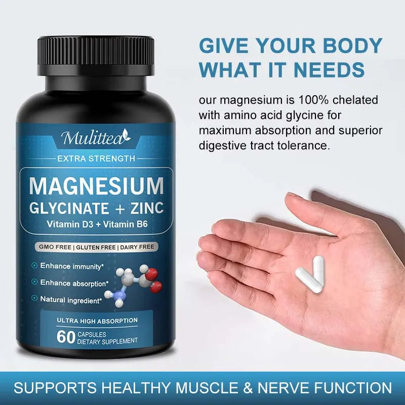Mulittea Glycine Magnesium capsule with Zinc,Vitamin D3 B6 Health for Bones and Teeth Health Helps Natural Sleep Relieve Anxiety