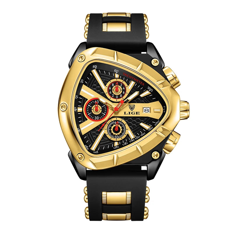 LIGE New Mens Watches Creavtive Triangle Quartz Wristwatch Luminous Pointers Military Rubber Strap Watch Men Waterproof Clock