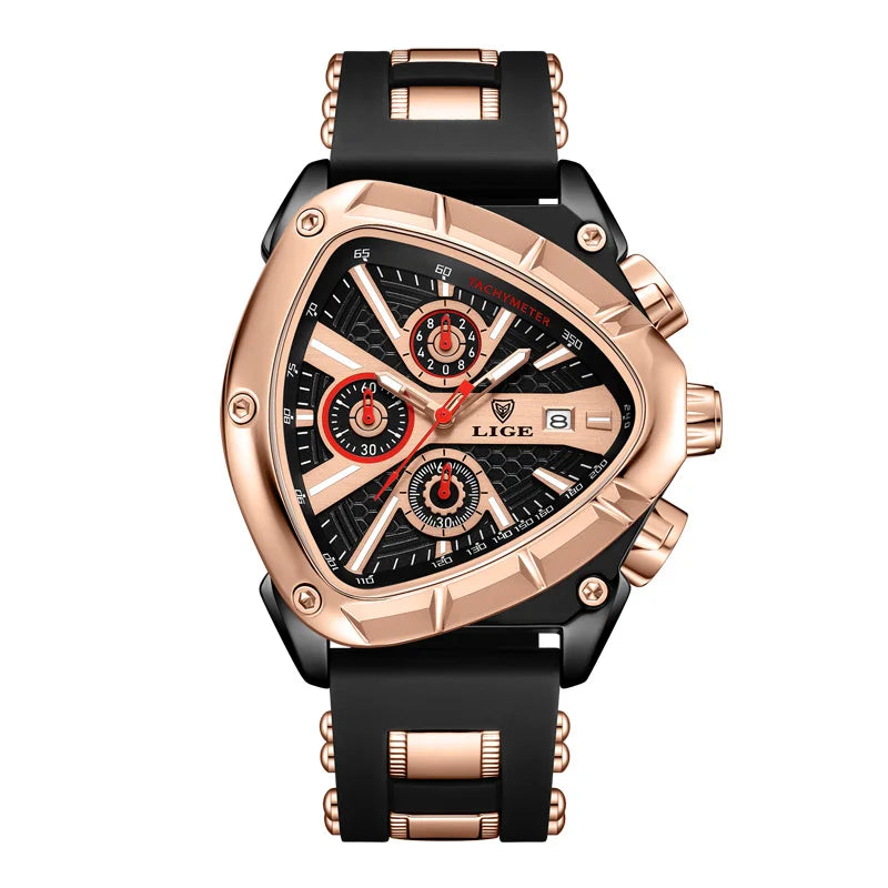 LIGE New Mens Watches Creavtive Triangle Quartz Wristwatch Luminous Pointers Military Rubber Strap Watch Men Waterproof Clock