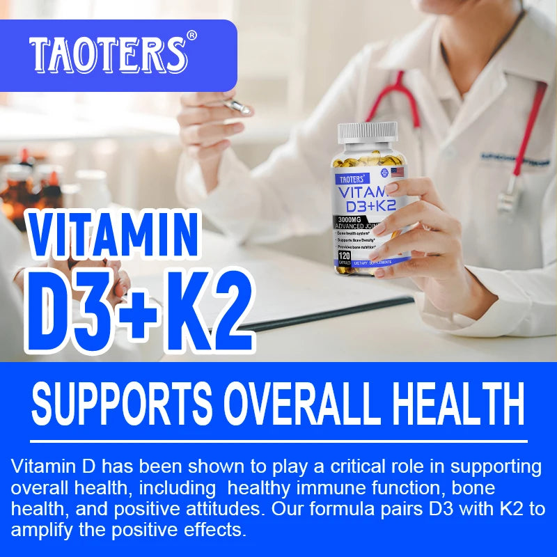 Vitamin D3+K2 supplement supports joint, bone and immune health, promotes calcium absorption and cardiovascular health.