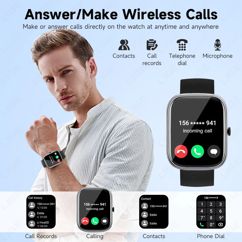 LIGE Smart Watch 1.96" Smartwatch Men Answer/Make Call IP68 Waterproof Fitness Tracker Sport Heart Rate Sleep Monitor Smartwatch