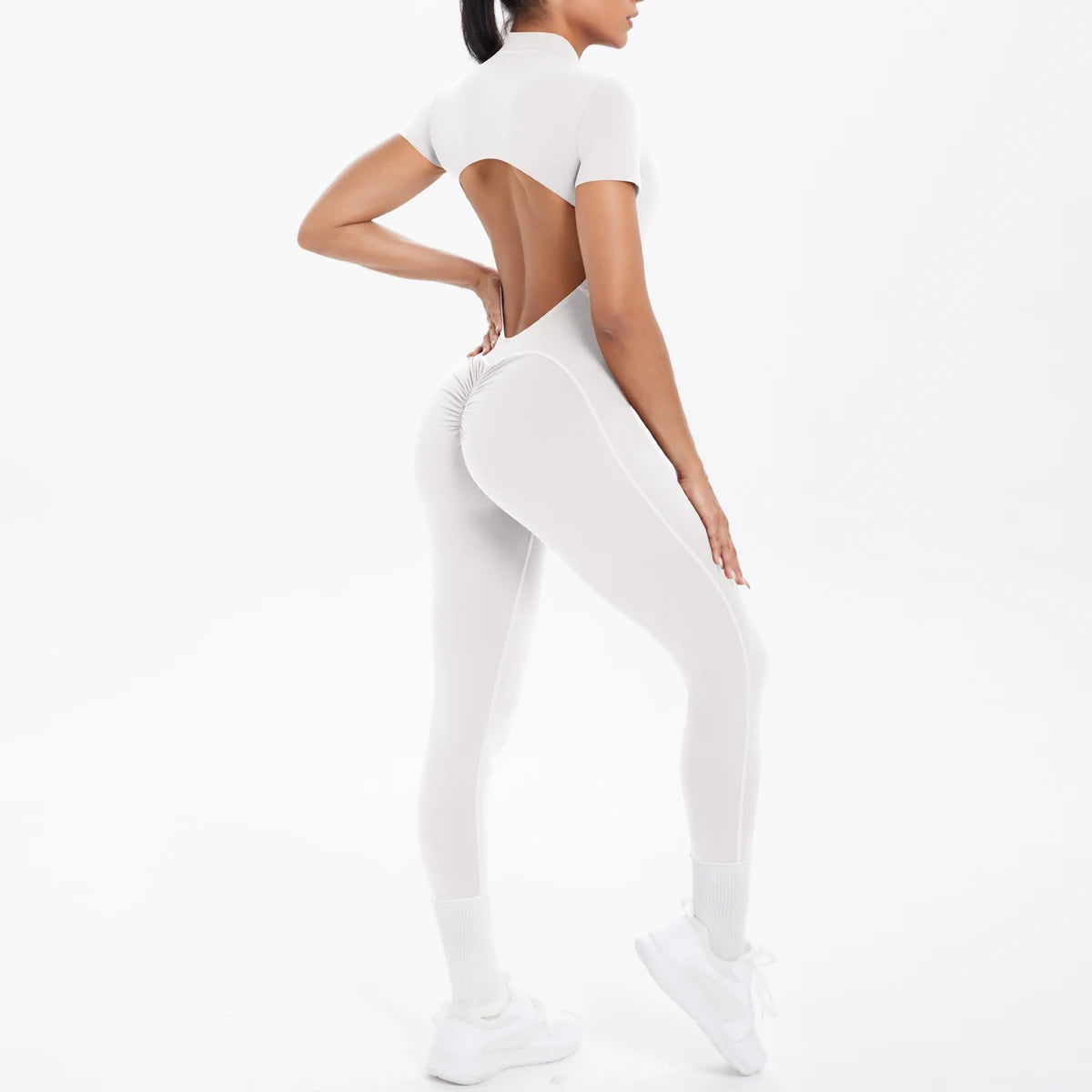 Short Sleeved Fitness Jumpsuit for Woman Bodysuits Backless Solid Color Scrunch One-Piece Suit Half Zipper Gym Yoga Sets Womens