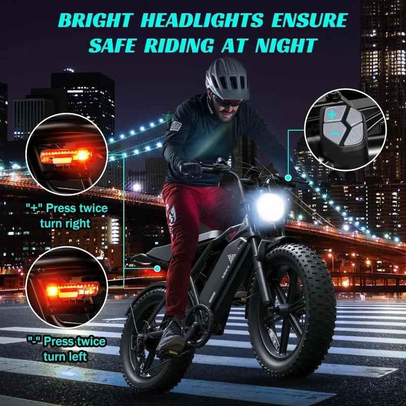 Electric Bike for Adults 1500W Peak 20" Fat Tire All-Terrain E-Bike 60/110 Miles 28MPH Electric Dirt Bike for Road Sand Moun