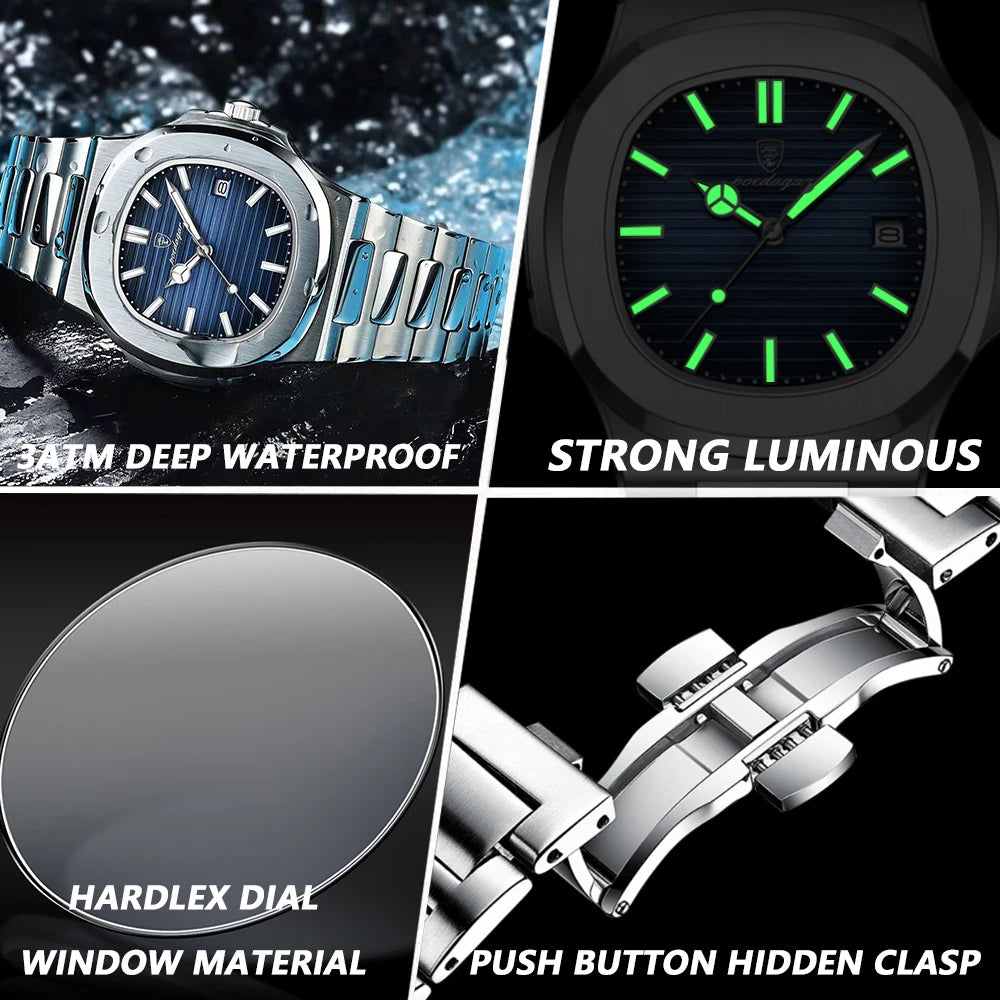 POEDAGAR Luxury Casual Watch Square Dial Stainless Steel