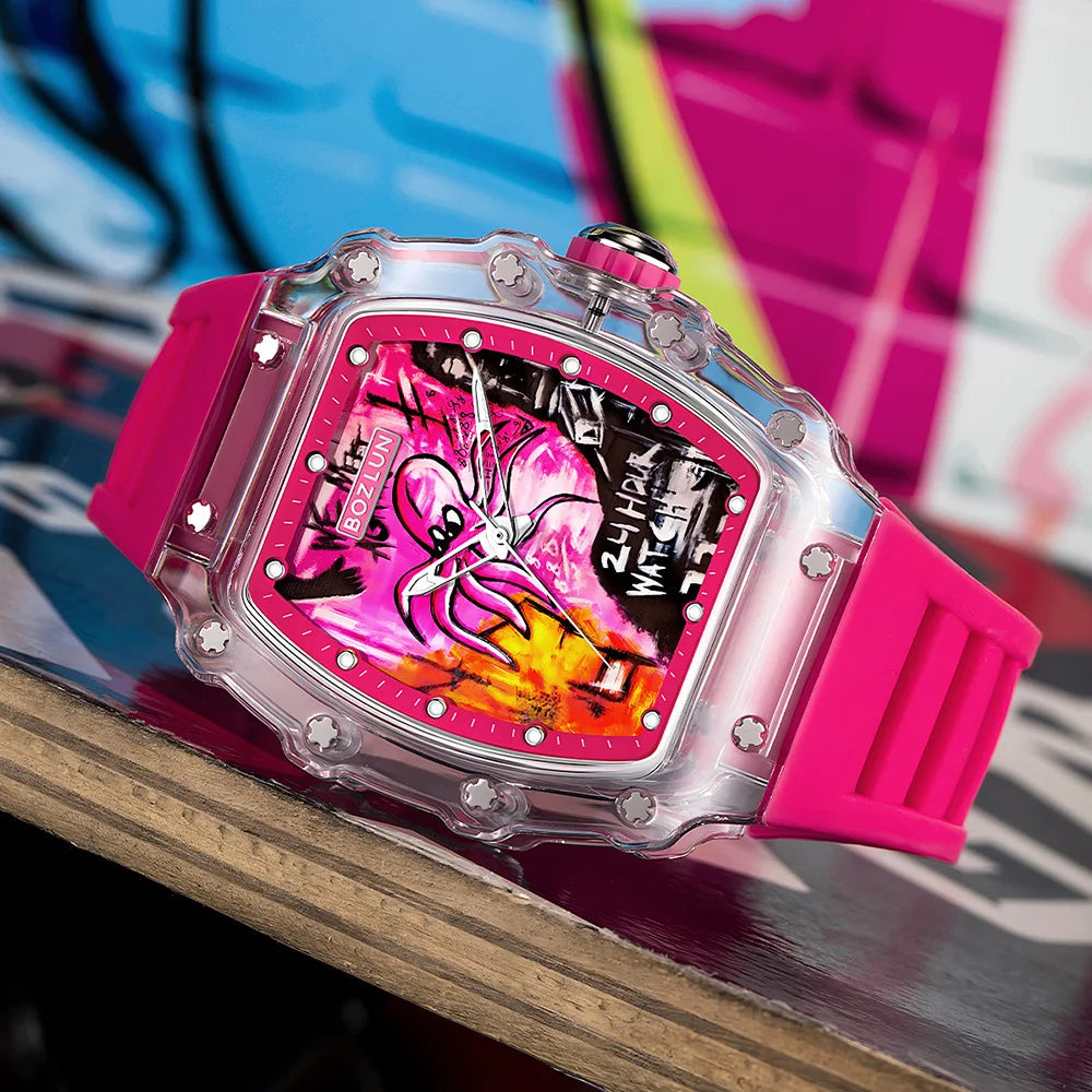 BOZLUN Funny Creative Vitality Dial Wristwatch For Men Women Fashion Movement Mechanical Watch Personalized Comic Octopus Watch