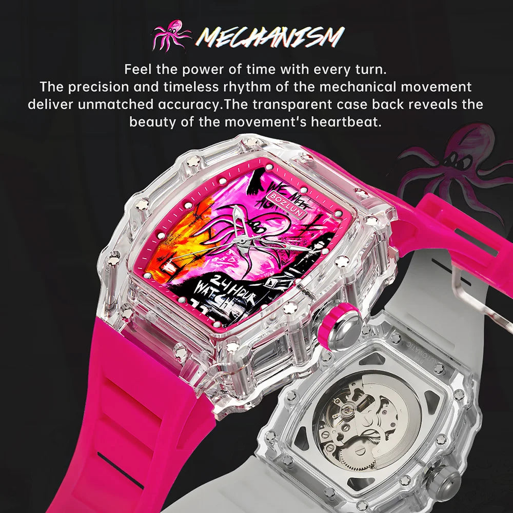 BOZLUN Funny Creative Vitality Dial Wristwatch For Men Women Fashion Movement Mechanical Watch Personalized Comic Octopus Watch
