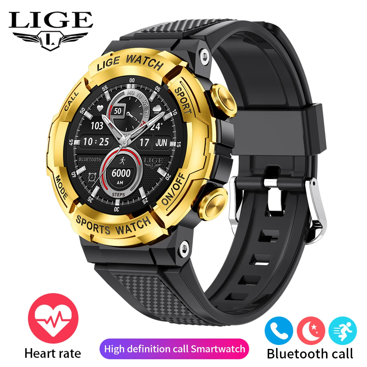 LIGE New 1.52 Inch Screen Bluetooth Call Smartwatch Men Compass Heart Rate Blood Oxygen Monitor 420MAH Long Standby Sports Watch