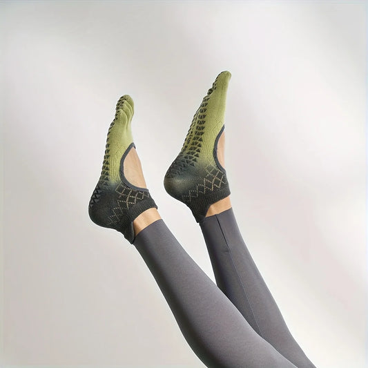 1 Pair Women's Gradient Non-Slip Yoga Socks, Full Finger Design, Breathable Mesh Pilates, Dance Socks