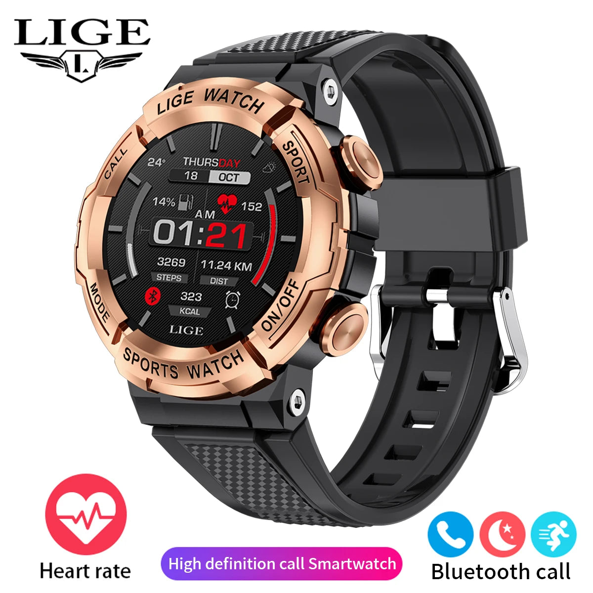 LIGE New 1.52 Inch Screen Bluetooth Call Smartwatch Men Compass Heart Rate Blood Oxygen Monitor 420MAH Long Standby Sports Watch