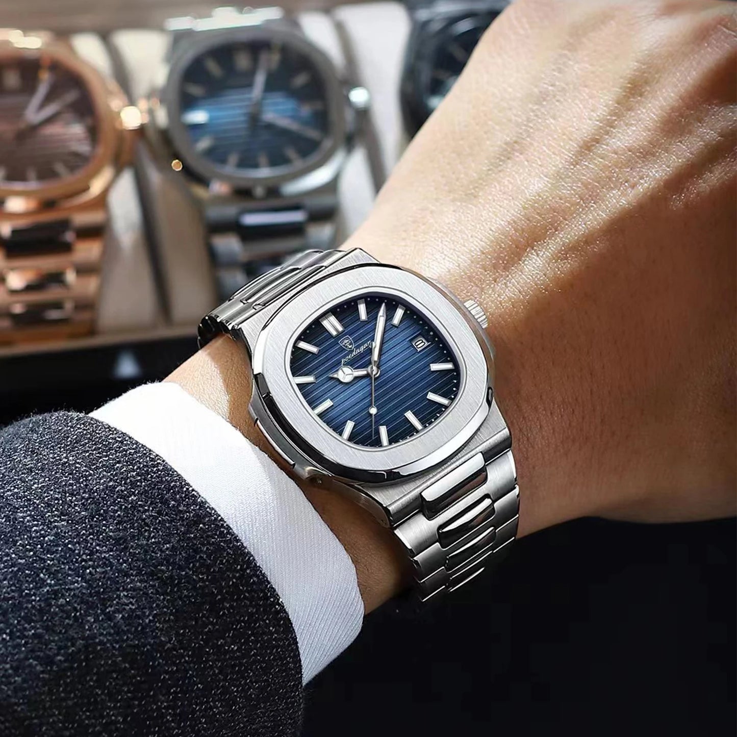 POEDAGAR Luxury Casual Watch Square Dial Stainless Steel