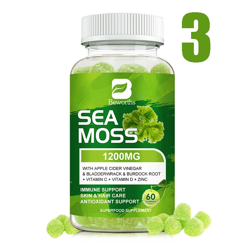 BEWORTHS Natural Irish Sea Moss Gummies with Bladderwrack & Burdock Vegetarians Gummies Support Immunity,Gut and Overall Health